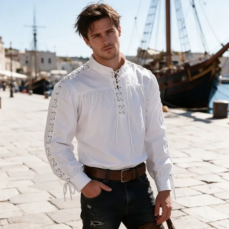 Camisa pirata medieval para ho - Medieval Gothic Lace Up Pirate Shirt reseña y precio
