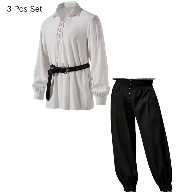 Conjunto de 3 piezas de hombre - Medieval Gothic Lace Up Pirate Shirt reseña y precio