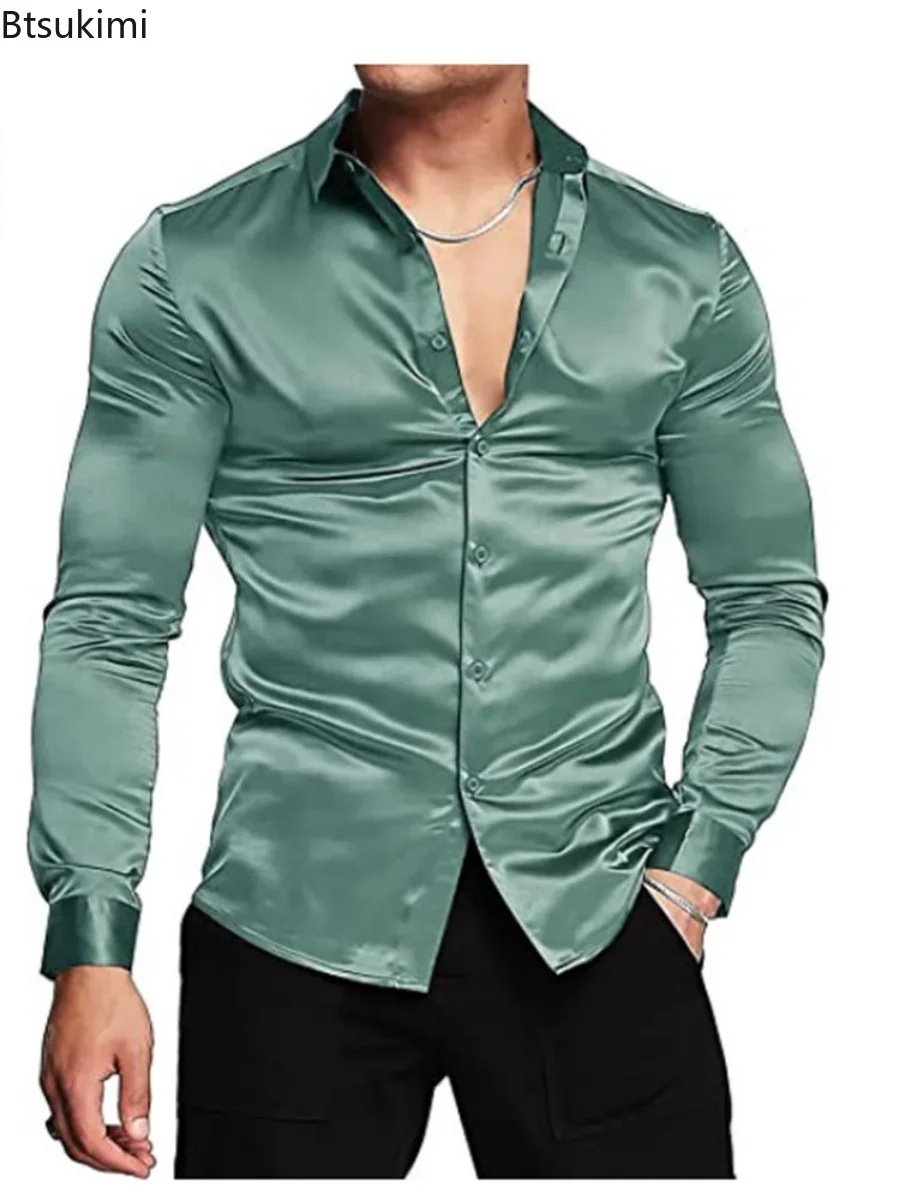 Nuevo 2026 camisa de vestir de - Mens Satin Silk Dress Shirt reseña y precio